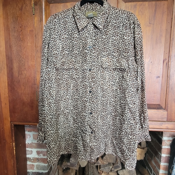100% Silk Leopard Print Button Down Shirt by Cote de France - Large - Pockets - Picture 1 of 9
